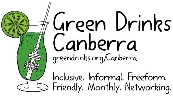 Green Drinks Canberra logo. Monthly networking event.